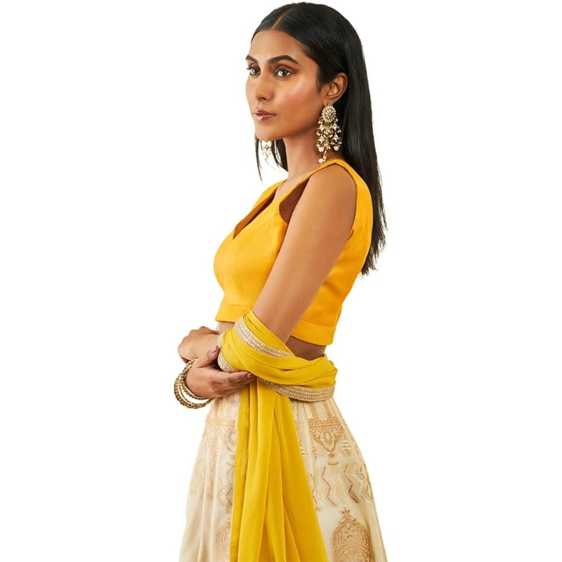 Soch Womens Mustard Tussar V-Neck Back-Open Sleeveless Blouse M жёлтый