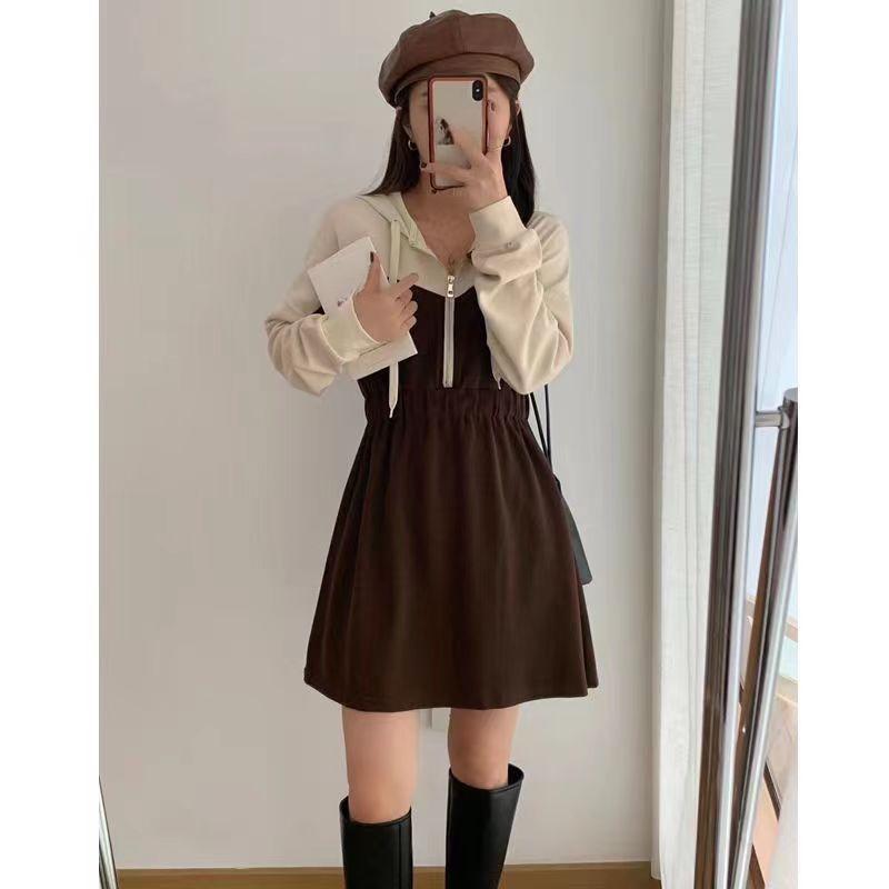 

Корейский стиль весна осень винтажное женское платье длиной до колена с капюшоном толстовка с длинным рукавом простое повседневное спортивное платье Y2k S кофейный