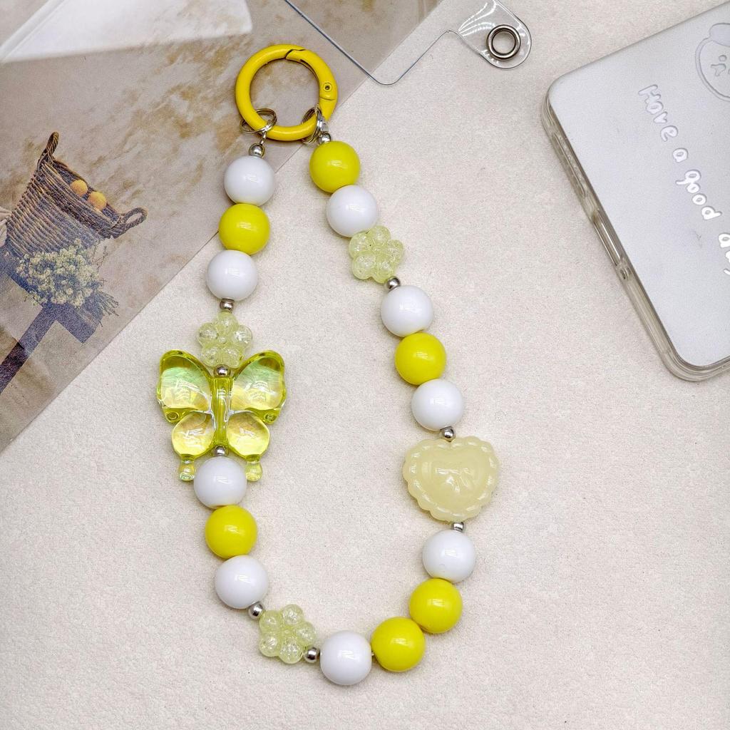Random Color Beaded Phone Chain with Crystal Butterfly Keychain Pendant