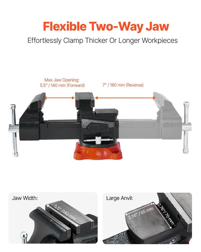 5.5" Bench Vise Multipurpose Heavy Duty Ductile Iron Swivel Locking Base
