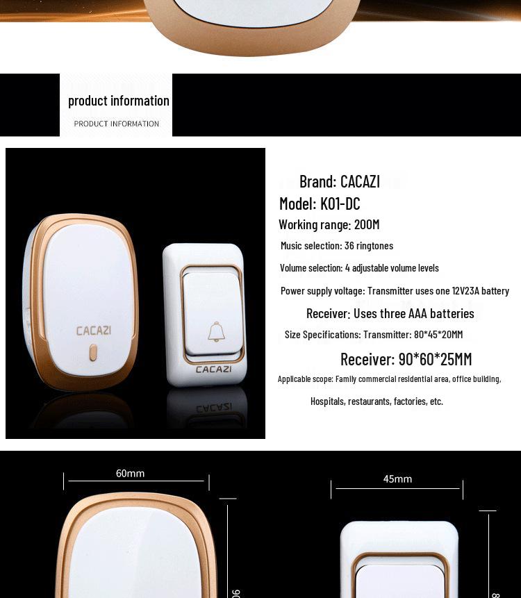 Waterproof Wireless Digital Doorbell with Long-Range Remote Control and DC Power, Ideal for the Elderly