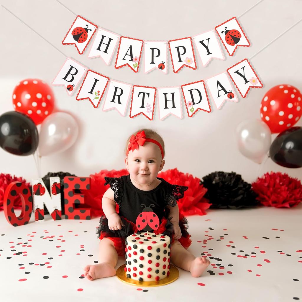 Ladybug Happy Birthday Banner - Cute Ladybird Party Decorations, Ladybug Theme Hanging Flags for Baby Showers, Kids Room Decor, Outdoor Garden Party