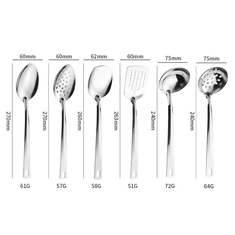 6-Piece Stainless Steel Cookware Set: Includes Wok, Spatula, Frying Pan, Ladle, Colander, Serving Spoon, and Strainer.