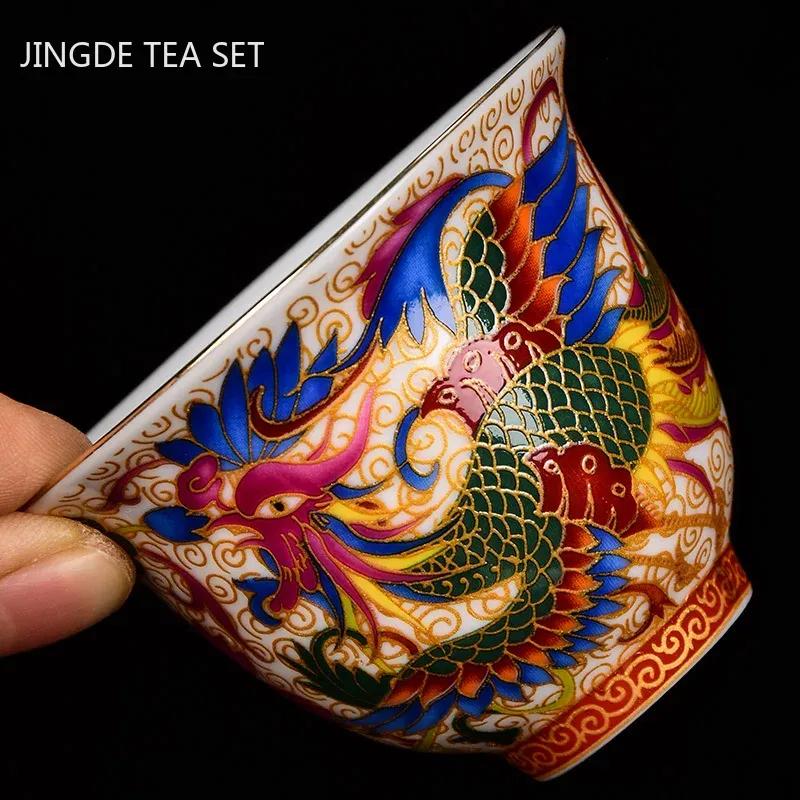 2pcs Chinese Handmade Porcelain Tea Cup Household Dragon and Phoenix Pattern Teacup Ceramic Master Cup Personal Tea Bowl Teaware