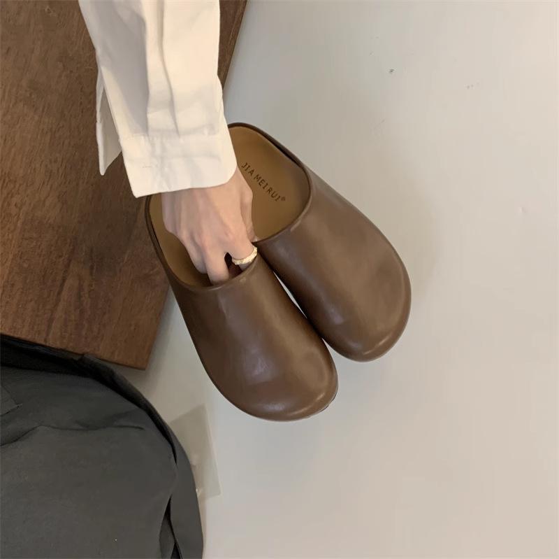 2025 Spring and Summer New Simple Niche Simple Bag Head Half Slippers Women's Retro Round Head Thick Sole One Pedal Muller Shoes