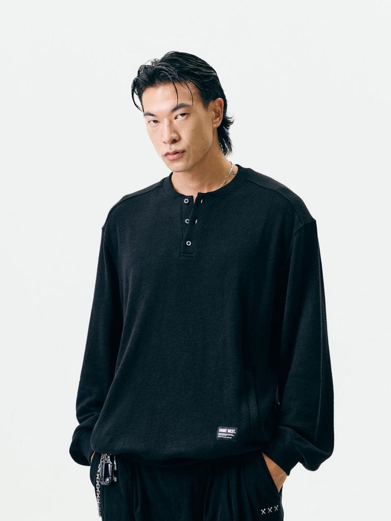 Jeimiweseuteu Henley Neck Pocket Knit Sweatshirt (Black)