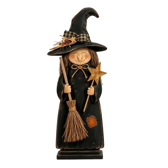 Spooky Halloween Party Table Centerpieces Wooden Witch Ornament, Retro Figurine with Broom/Pumpkin/Black Hand Painted Black Cat Cat, Creative Tabletop