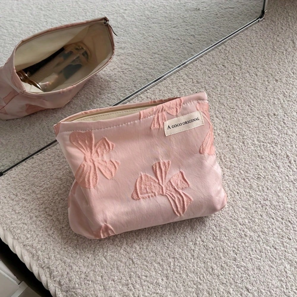 1pcs Large Capacity Canvas Bow Makeup Bag, 3d Printed Handbag, Student Pencil Case Storage Bag, High-End And Fashionable Style