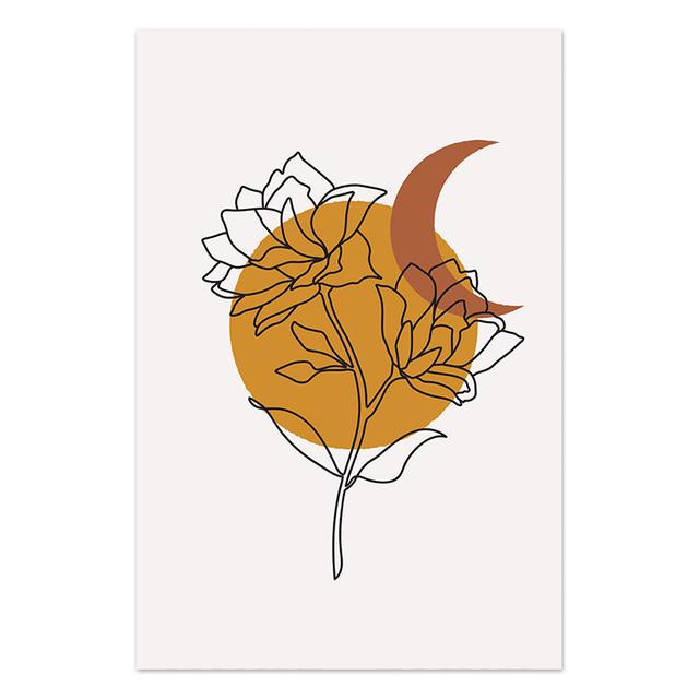 Boho Art Prints Abstract Poster Plant Line Drawing Wall Art Sun Moon Canvas Painting Burnt Orange Living Room Wall Decoration