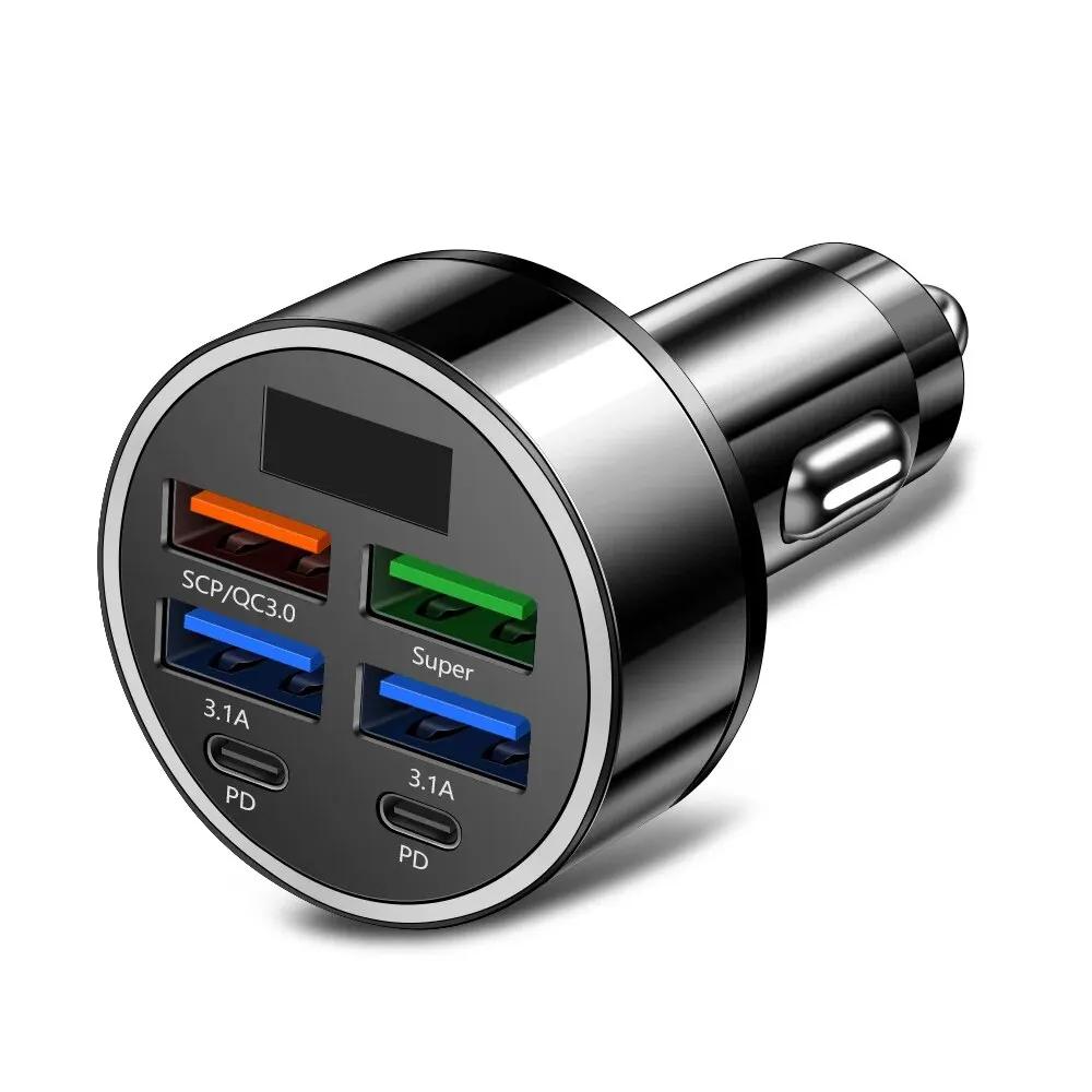 250W 6 Ports Car Charger Fast Charging PD QC3.0 USB C Car Phone Charger Type C Adapter In Car For iPhone Samsung Huawei Xiaomi