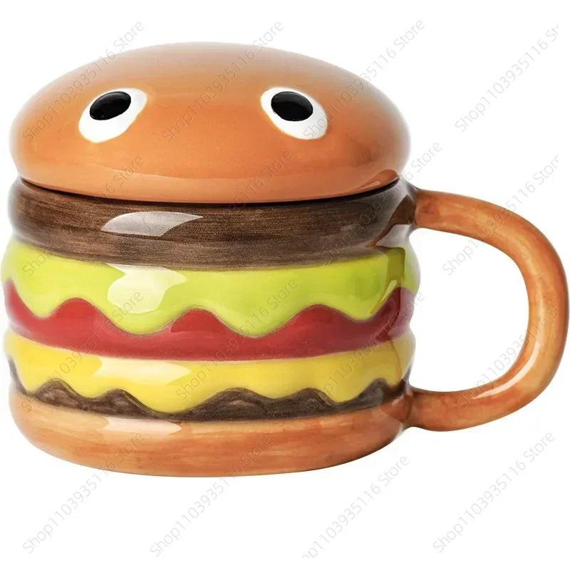 

Ceramic Cup Creative Hamburger Coffee Cup 300ml Cute Cartoon Children s Mug Breakfast Oatmeal Milk Cups with Lid Home Cups 300ml