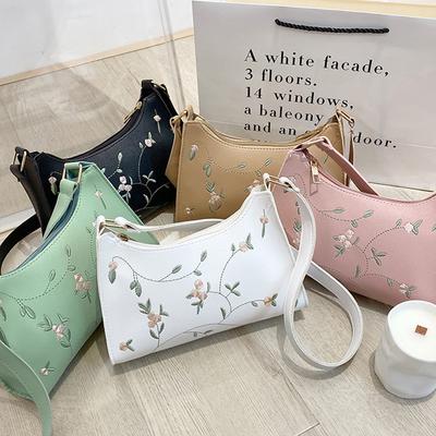 Women's Floral Embroidered Shoulder Bag Soft PU Leather Bags Beach Travel Bag Small Bags