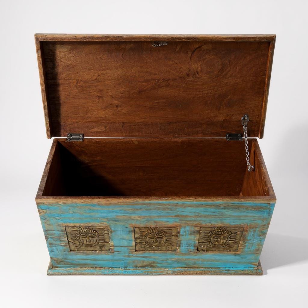 Wooden Trunk Chest Coffee Table Box Blue Distressed Storage Chest with Carved Brass Panels Budha Handcrafted Storage Distressed Blue Chest