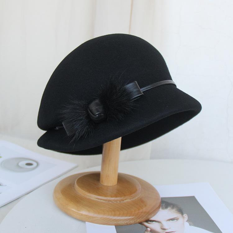 2024 Autumn And Winter New Woolen Basin Hat Versatile Dome Top Hat Women British Belt Felt Hat Bucket Hat