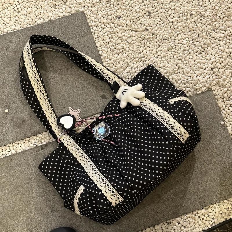 Korean Vintage Polka Dot Canvas Shoulder Bag Women Cute Lace Handle Bag Large Capacity Tote Casual and Versatile Storage Bags