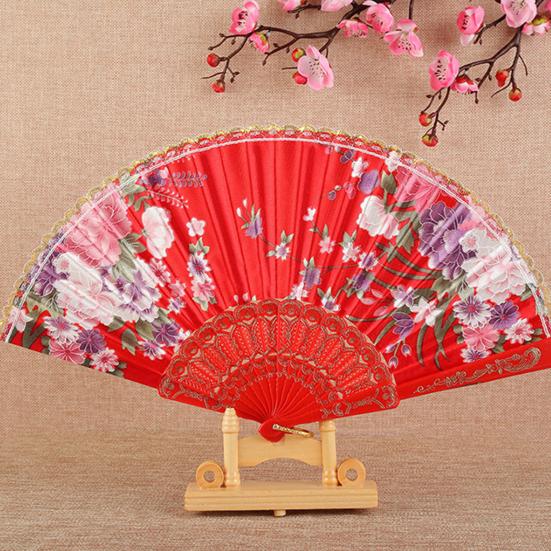Kinesisk stil Folding Fan Hot Stamping Silke Stoff Håndholdt Fan med gullkanten blomstermønstre