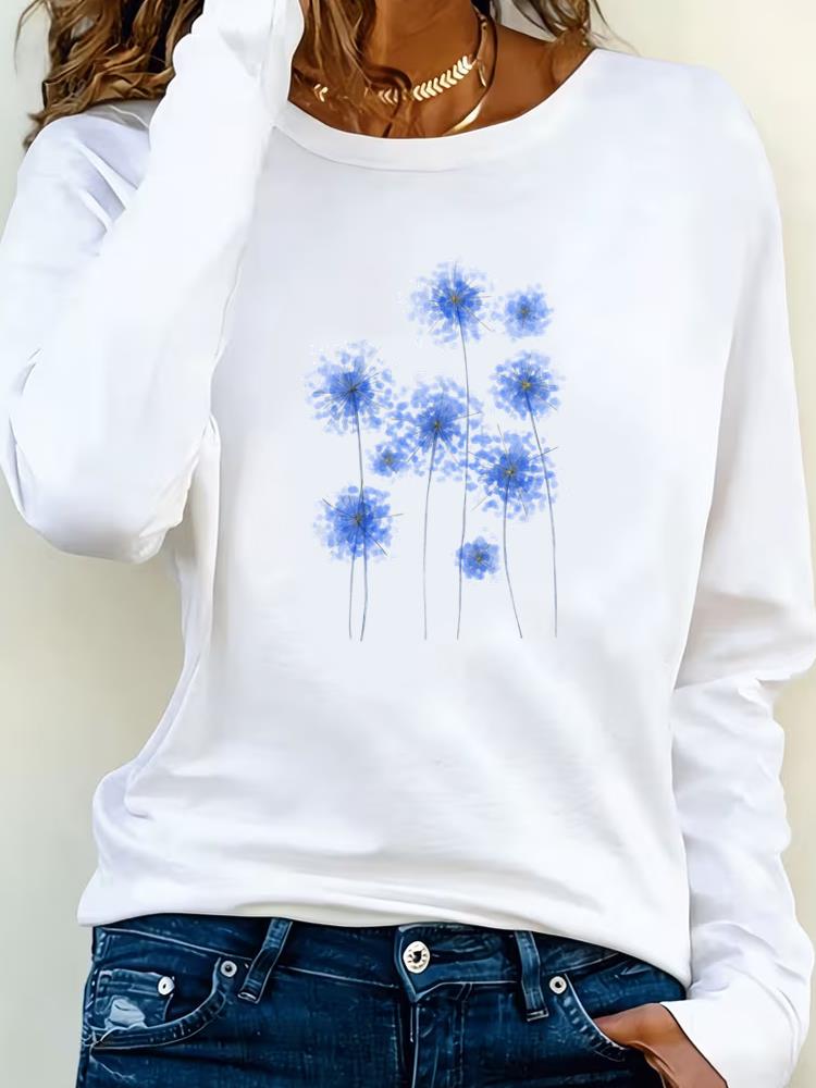 (Asian Size) sweet flower cute 90s Tee Lady Printed  Female Clothing Women T Shirt Casual Fashion Top Long Sleeve  Graphic T-shirts