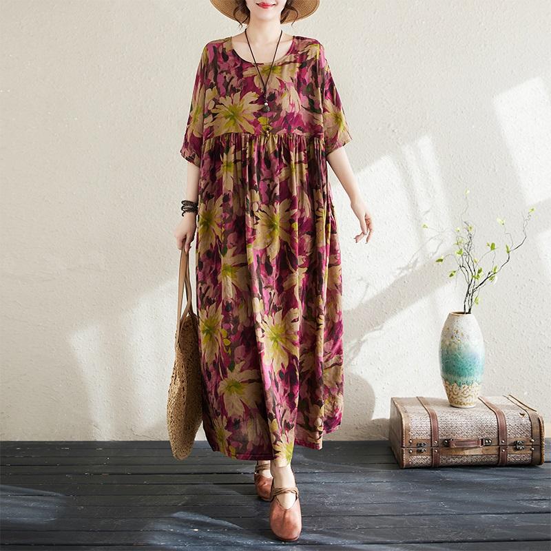 Manga curta plus size algodão vintage floral novo em vestidos para mulheres casual solto longo vestido de verão