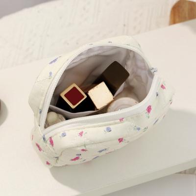 Süße kleine Kosmetiktasche mit Schleife/Blumenmuster, gesteppter Kosmetik-Organizer für Reisen, Alltag, bauschige Baumwolle, Kulturtasche, Stifteetui mit Reißverschluss für Damen, Mädchen