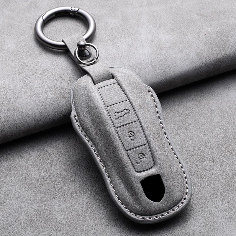 Leather Car Key Case Cover Shell Fob For Porsche Panamera Spyder Carrera Macan Cayman Cayenne 911 970 981 991 Car Keychains