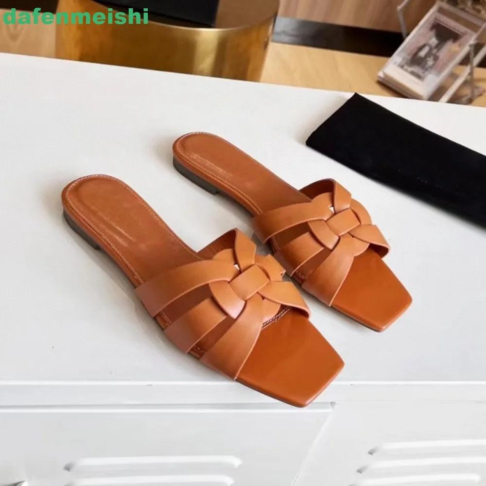 Fashion Cross Genuine Leather Women Slippers Square Toe Slip On Open Toe Flat Sandals Patent Leather Fashion 2025 Summer Sandal Slides
