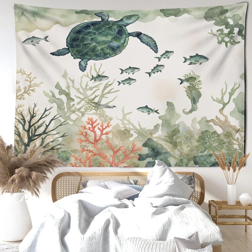 Green Turtle Small Fish Seaweed Tapestry Wall Hanging Natural Art Scenery Bohemian Dormitory Bedroom Home Decor