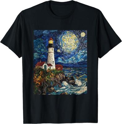 Lighthouse Sea Graphic Van Gogh Style Starry Night T-Shirt