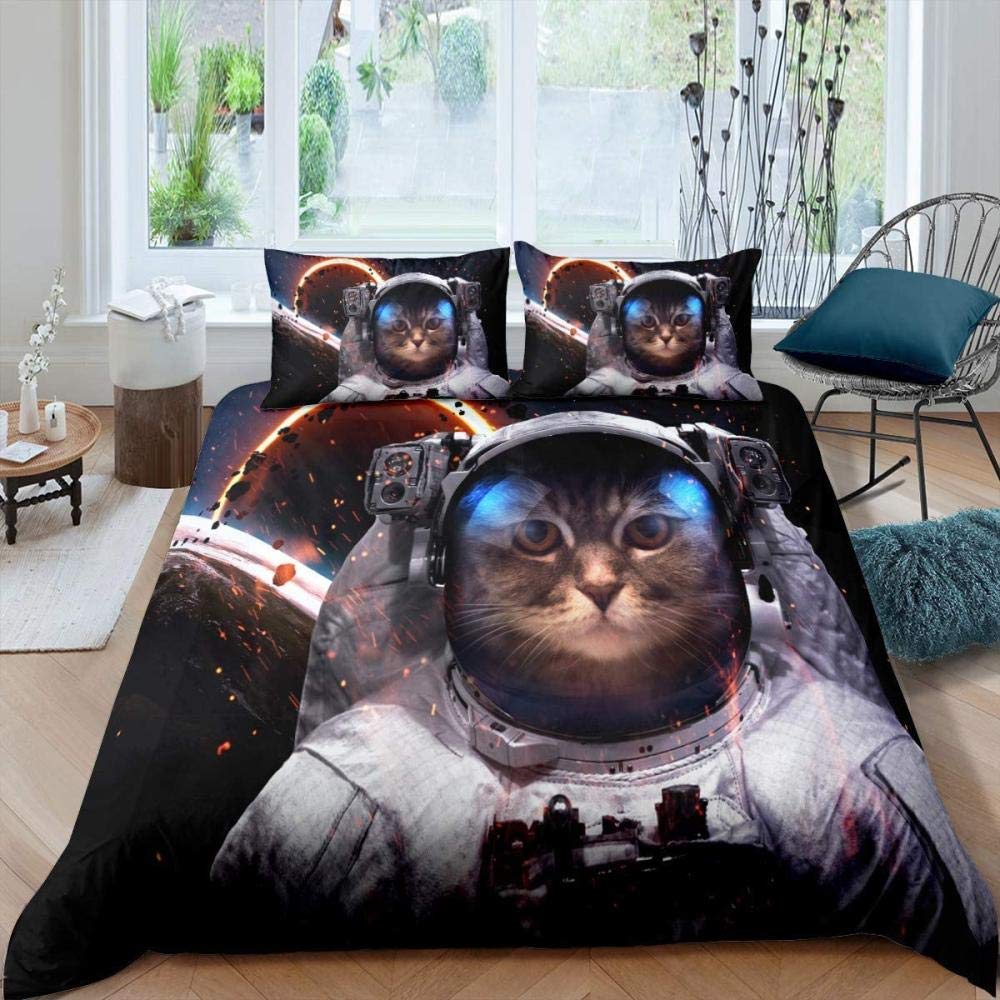 Galaxy Cat Duvet Cover Universe Galaxy for Kids Boy Girl Cute Kitten Printed Outer Space Planets Quilt Cover Bedroom Decorations