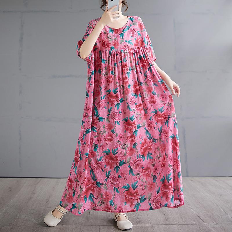 DIMANAF 2025 Sommer Damen Vintage Übergröße Langes Kleid mit floralem Druck Kurzarm Lässig O-Ausschnitt Basic Mode Lockeres Kleid