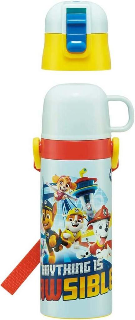 Skater Kids' Stainless Steel Water Bottle, 2-Way Design, 470ml (Direct Drinking) and 430ml (Cup Drinking), Paw Patrol 23 Design, Kid-Friendly and