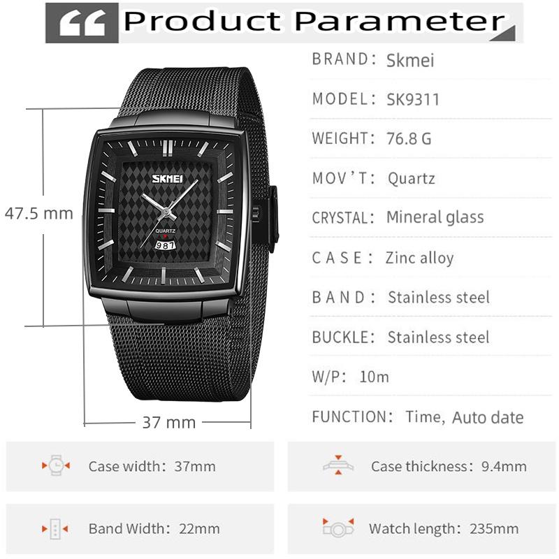 Skmei Analog Quartz Calendar Watches Original Brand Stainless Steel Mesh Strap Mens Fashion Waterproof Wristwatch with Luminous