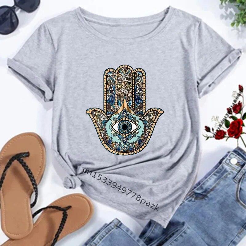 Hamasa Hand of Fatima Tryck WoUnisex T-shirts Lyckobringande Hamsa Hand Harajuku Unisex T-shirts Sommar Kort Ärm Svart Topp T-shirts FeUnisex Unisex