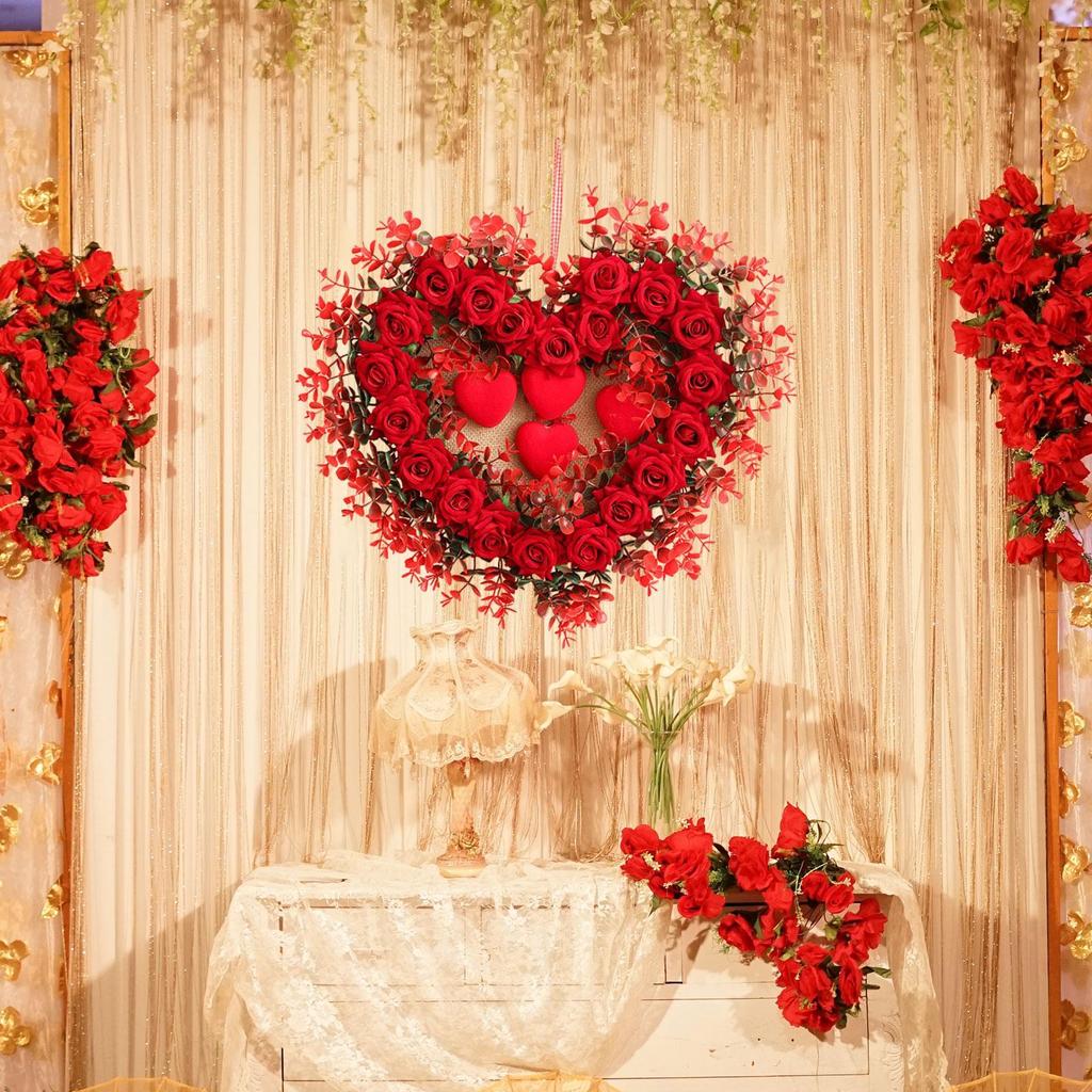 Heart Shaped Wreath Valentine's Day Decoration Artificial Rose Flowers Garland for Indoor Outdoor Mantel Table Anniversary