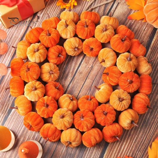 Decorative Fall Pumpkins Velvet Pumpkin Wreath Door Hanger, Thanksgiving Garland, Rustic Autumn Table Centerpiece Harvest Decor for Entryway