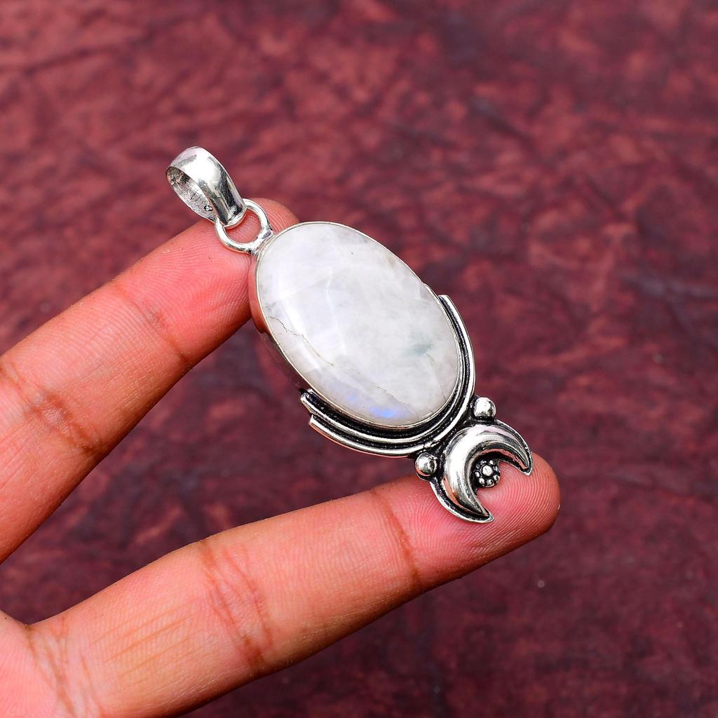 Fantastischer Regenbogen-Mondstein Edelstein Anhänger: 925 Sterling Silber Handgefertigte Anhänger Halskette Schmuck