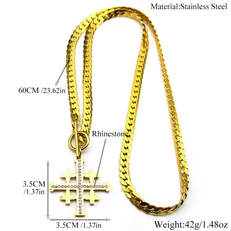 Jerusalem Crusaders Cross Pendant Necklace for Men Women Stainless Steel Rhinestones Amulet Hip Hop Chain Amulet Jewelry Gift