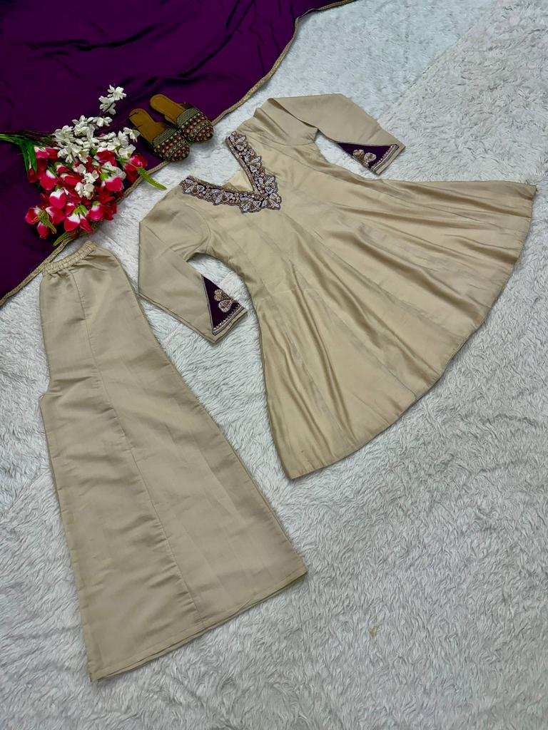 Women's Heavy Roman Silk Sharara Suit Set with Dupatta | Handwork, Pearl & Sequins Embroidery | Fully Stitched Party Wear Ethnic Set