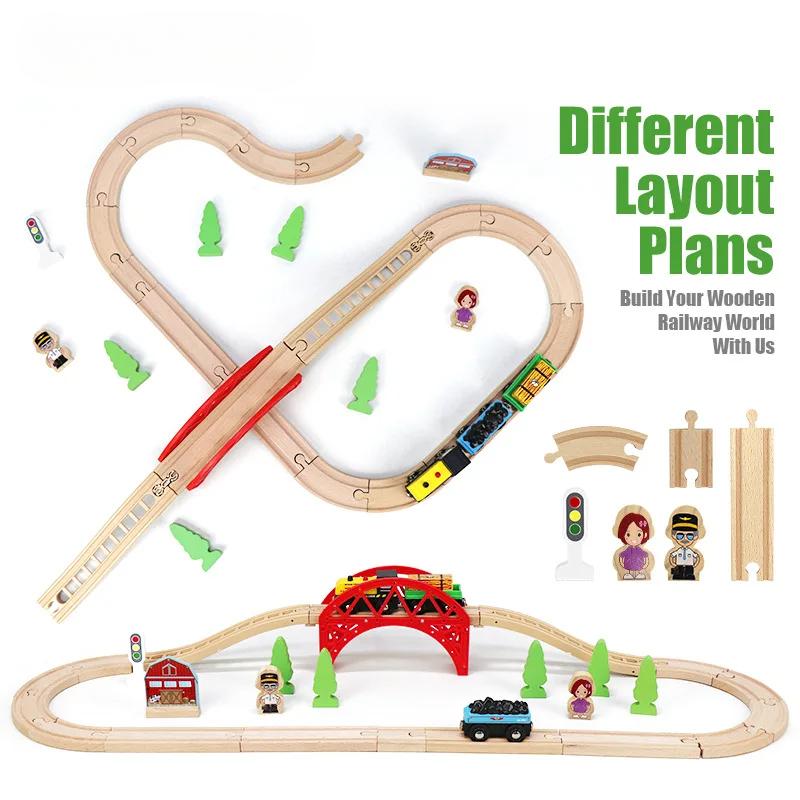 Children's Wooden Track Set, Red Bridge 8 Track Magnetic Small Train Assembly Combination Scene Boys and Girls Toys Gift