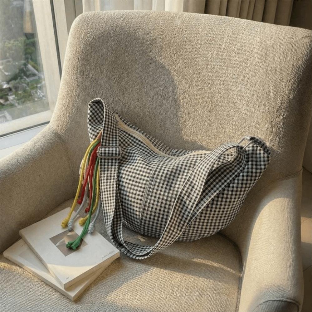 Large Capacity Dumpling Bag Zipper Crossbody Bag Simple Plaid Shoulder Bag  Daily