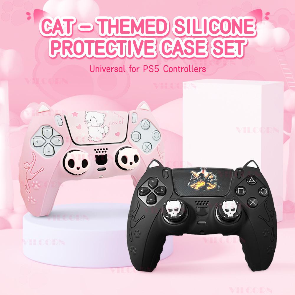 Silikonhülle Set für PS5 Controller Rutschfest Staubdicht Schutzhülle Abdeckung mit Daumengriffkappen Controller Skin Katzenpfote Aufkleber