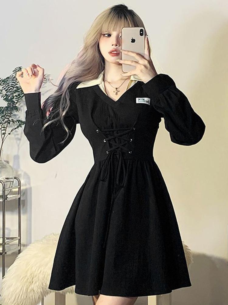 Korean Oversize 4Xl Black Dress Women Elegant LaAe Up Preppy Style Dress Casual Retro Turn Down Collar A Line Mini Dress