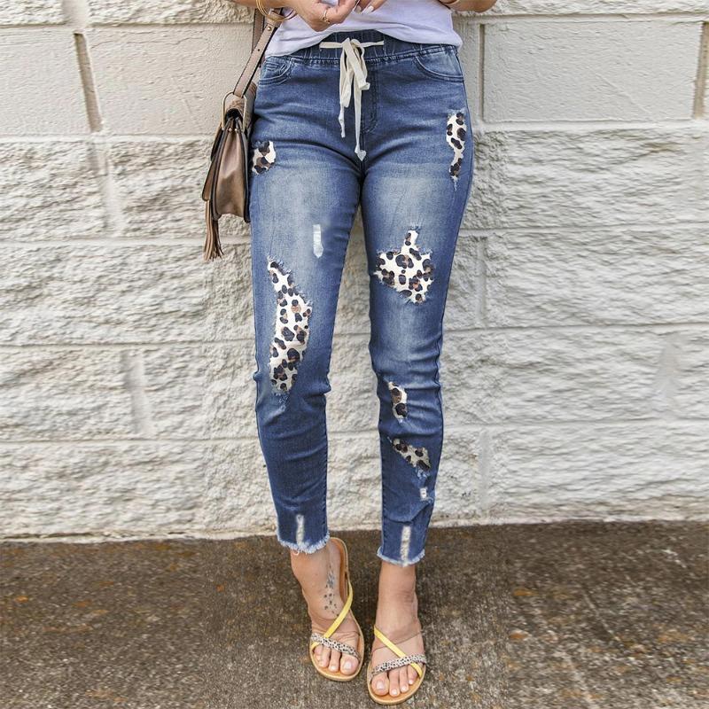 Autumn New Denim Trousers Women's Fashion Leopard Print Printed Holes Elastic Waist Denim Trousers