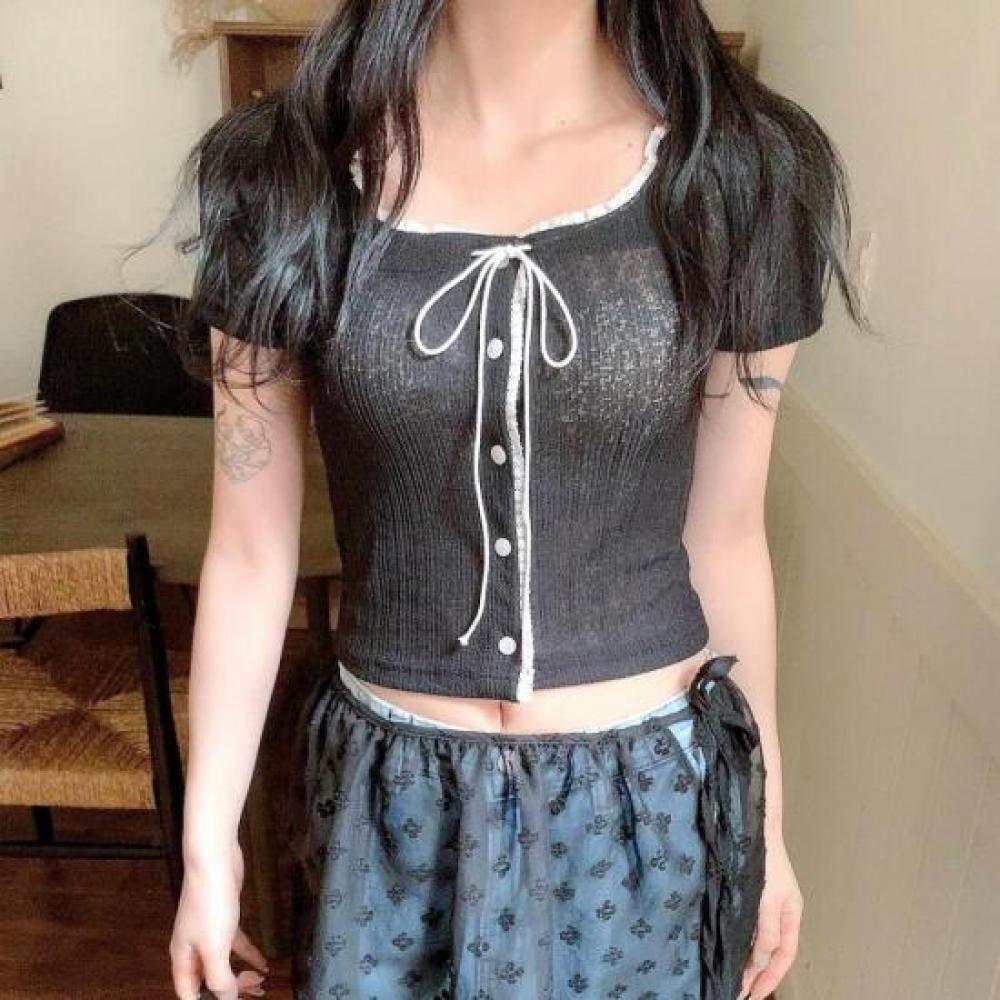 New Arrivals Open Run Women Lace PoinT ShorT Sleeve Crop T shirT