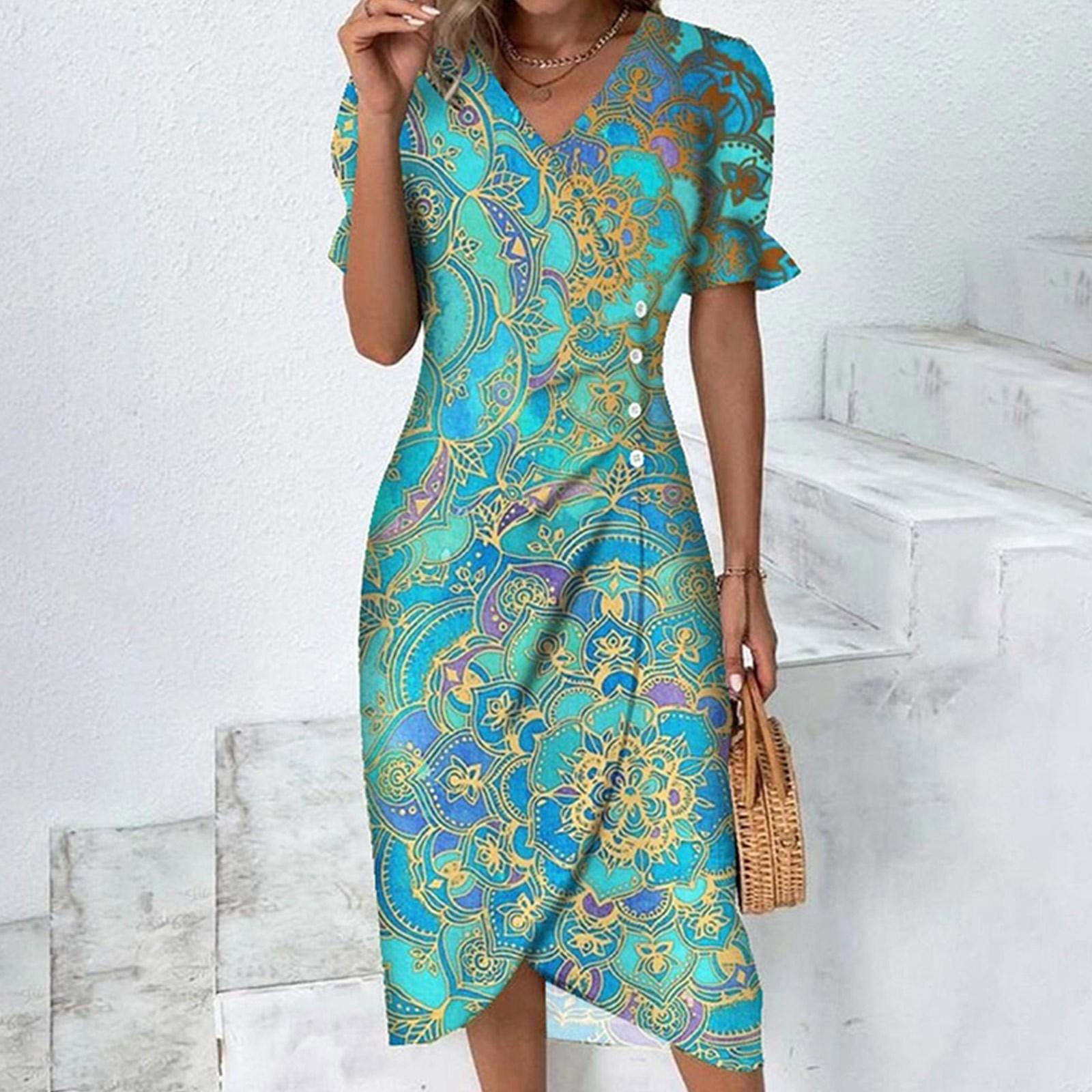 Women s Summer Casual  Dress V Neck A-line  Boho Ditsy Floral Flounce Sleeve Wrap Hem Dress M