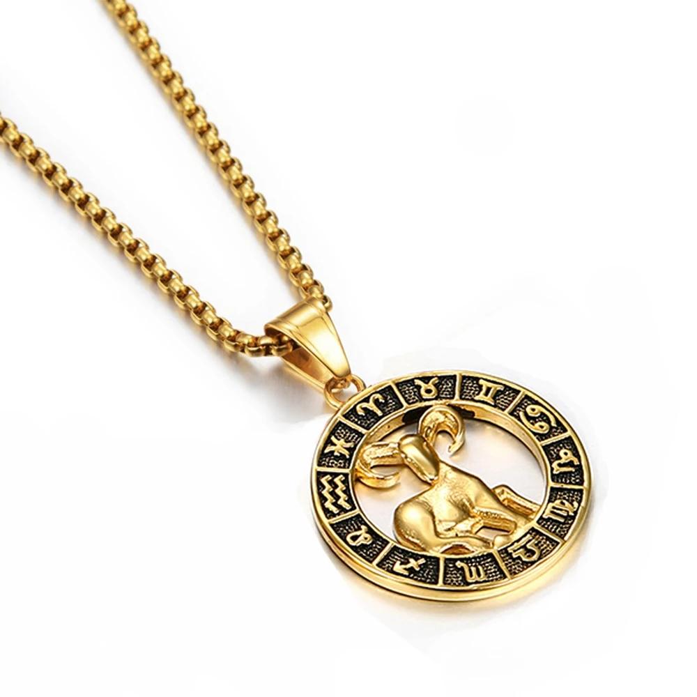 Gold Stainless Steel Zodiac Necklace Leo Scorpio Pendant for Women Men 12 Constellation Round Charm Jewelry Gift