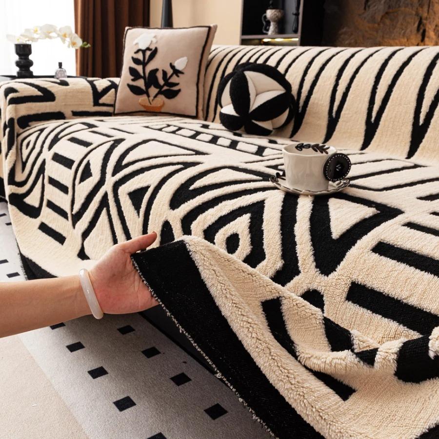 1pc Bohemian Jacquard Warm Tuffed Fleece Sofa Towel, Boho Style Soft Leiusre Thick Blanket for Living Room Couch Sofa Cover