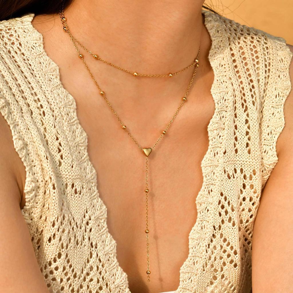 Women's Stainless Steel Double Layer Y-Shaped Gold Tassel Necklace