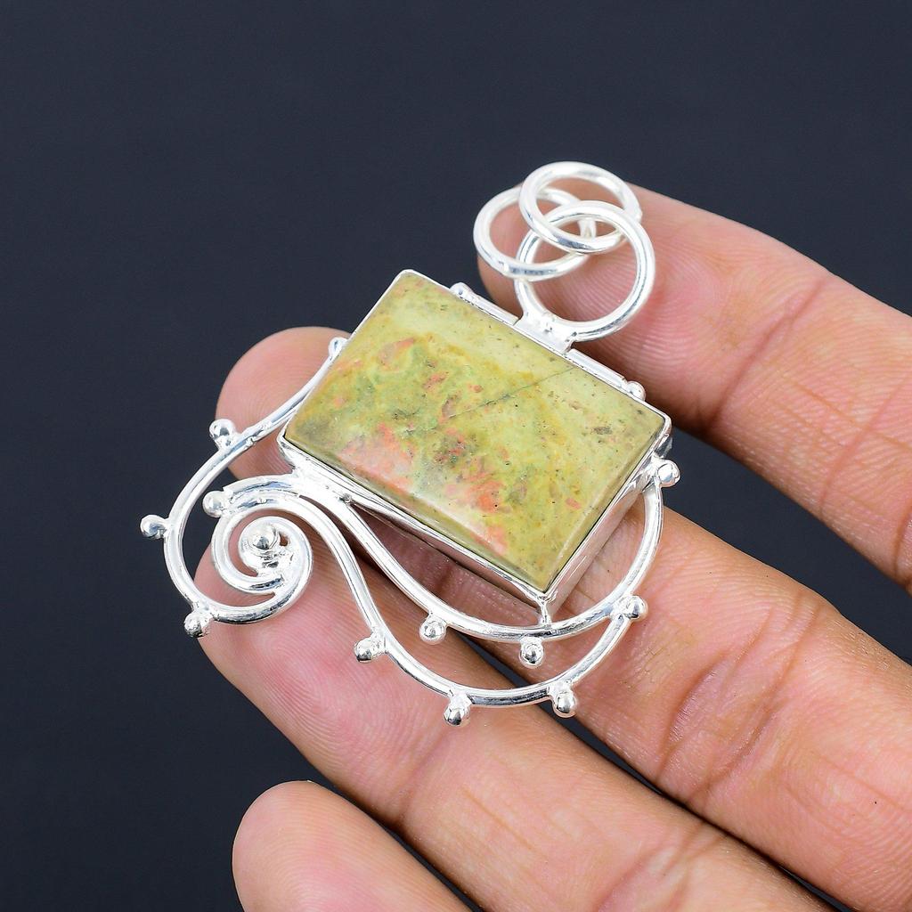 925 Silver Rectangle Unakite Gemstone Elegant Bezel Daughter Birthday Pendant