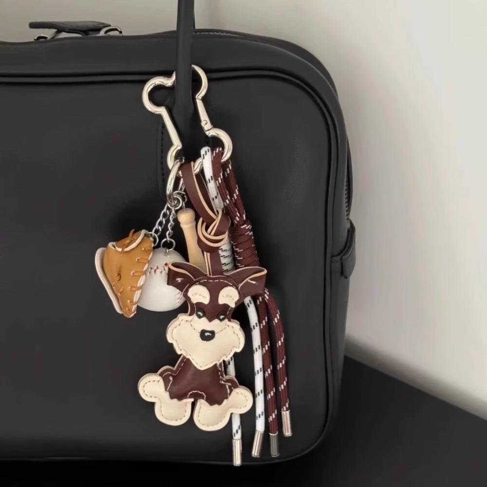 Cute Hand-stitched Schnauzer Keychain Baseball Tennis Leather Bag Pendants Handmade Bag Charm Gifts
