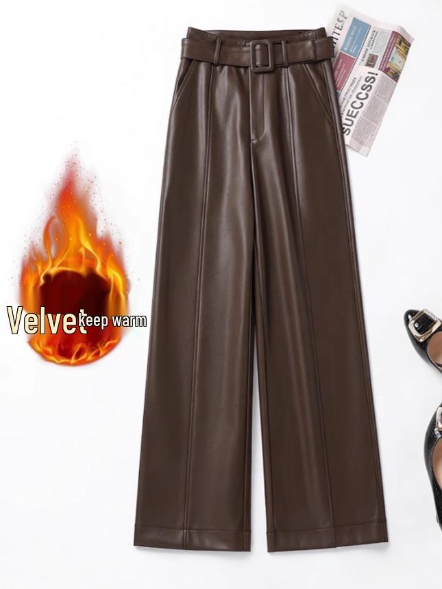 

2025 Autumn Winter Women s High Waist Straight Leg Leather Pants, Wide Leg, Plus Velvet, Casual Loose Cropped Fit, Style 514. 4XL